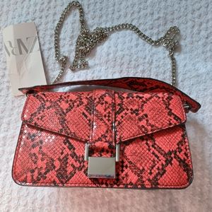 Zara Red Snakeskin Print Crossbody Bag Silver Chain Strap Mini City Bag*New-tag